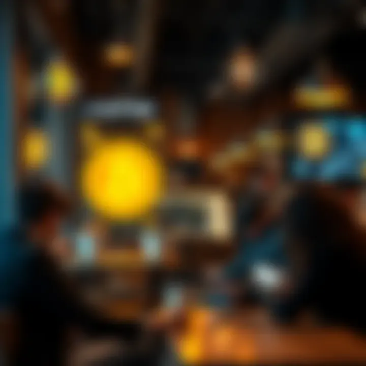 A cozy coffee shop with a sign promoting Bitcoin payments, showcasing patrons using mobile devices for transactions.