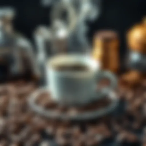 A steaming cup of coffee with various coffee beans and brewing tools around it