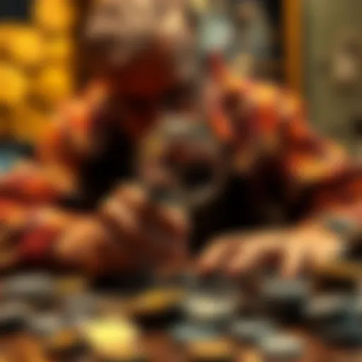 A passionate coin collector sorting through a collection of coins on a table, with some coins in a magnifying glass, looking for rare errors.