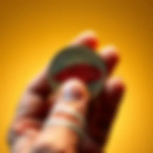 A hand with a bandaged finger holds a shiny coin with a mysterious mark on it after an accident while cleaning.