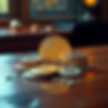 A collection of 10 shiny coins displayed on a wooden table, symbolizing success in cryptocurrency investment.