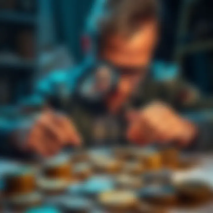 A collector examines coins with a magnifying glass, showcasing different types of coins on a table.