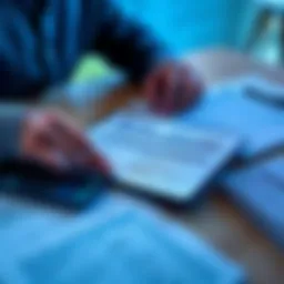 A person reviewing a Coinbase 1099-DA tax document with a calculator and tax forms on a table.