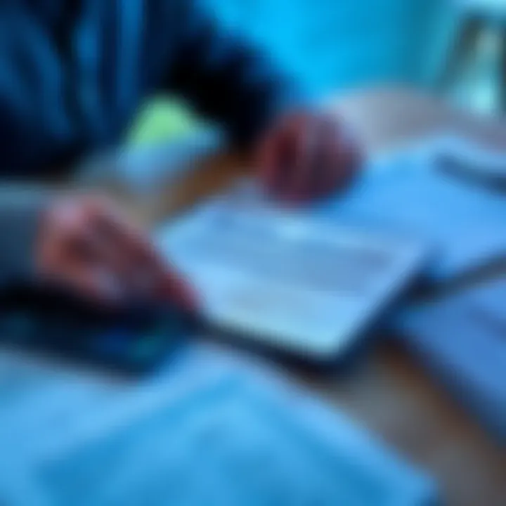 A person reviewing a Coinbase 1099-DA tax document with a calculator and tax forms on a table.