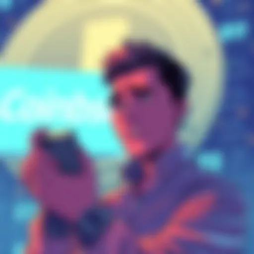 Illustration showing a person worried about data security with a Coinbase logo in the background