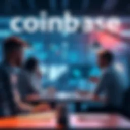 Coinbase office scene showing team members discussing AI strategies and restructuring after layoffs, with a focus on collaboration and a new management approach.