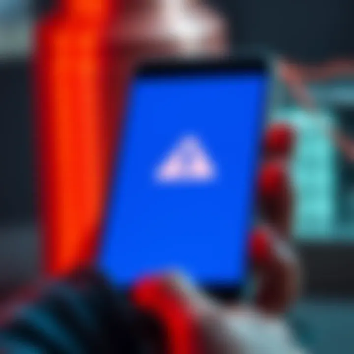 A close-up of a smartphone displaying a Coinbase app with a warning sign, symbolizing a recent hacking incident involving Google and stolen cryptocurrencies.