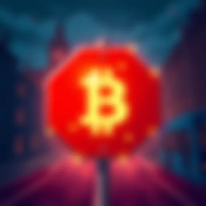 Coinbase Ad Ban in UK A digital illustration showing a stop sign with cryptocurrency symbols and a background depicting a city facing a cost of living crisis.