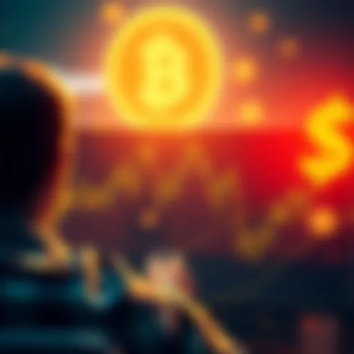 A graphic showing a worried investor looking at a declining crypto chart on a computer screen, with symbols of Coinbase and dollar signs fading in the background.