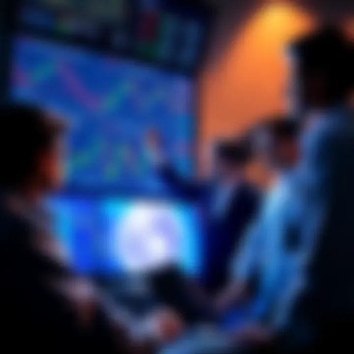 Group of analysts reviewing cryptocurrency charts and graphs indicating market trends