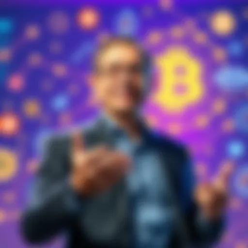 A confident CEO presenting a new cryptocurrency app that aims to reshape banking, surrounded by digital financial icons.