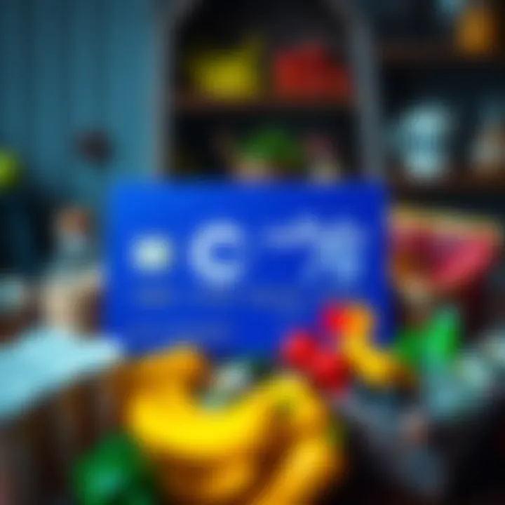 A Coinbase credit card displaying 4% rewards symbol, surrounded by various everyday items like groceries and coffee, representing spending for rewards.