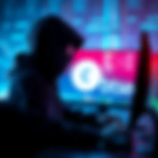 A hacker in a dark hoodie using a computer with a Coinbase logo on the screen, representing a breach of customer data.