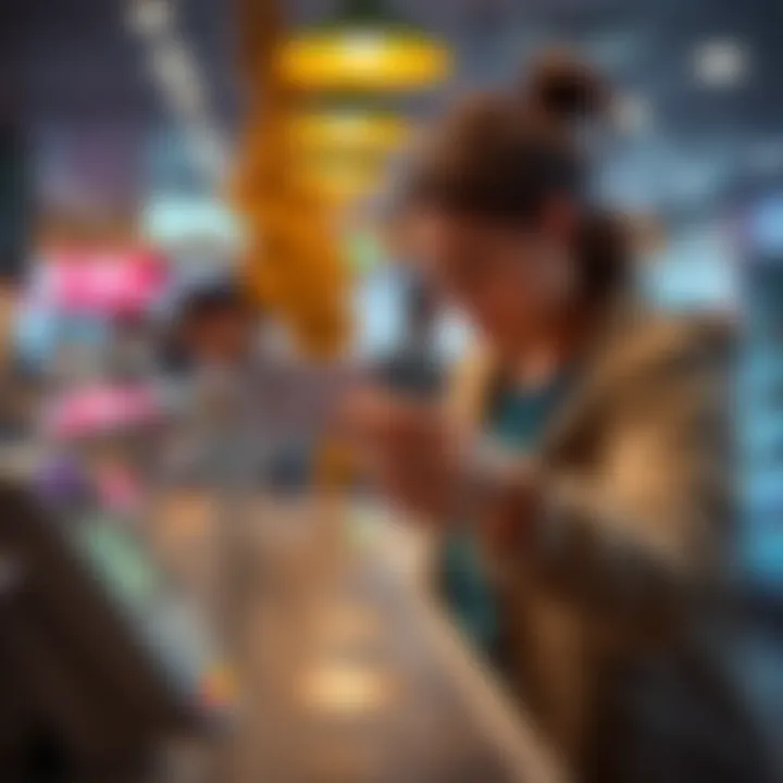 A frustrated person at a checkout counter holding a Coinbase debit card, with a merchant's card reader showing an error message.