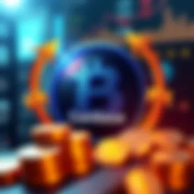 A graphic showing Coinbase logo with digital coins and arrows symbolizing acquisition efforts