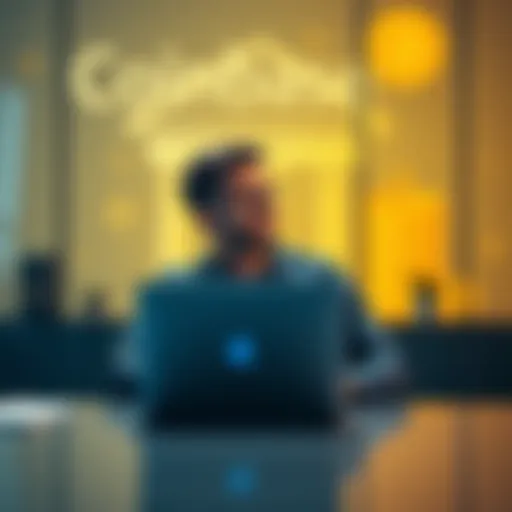 A person sitting at a desk with a laptop, looking satisfied after a successful transaction on Coinbase, with a background showing a bank and cryptocurrency symbols.