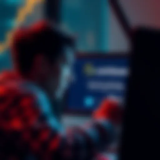 A worried investor looking at a computer screen displaying Coinbase logo and a notification about fund confiscation.