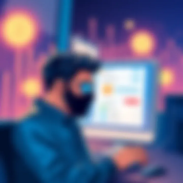 Visual representation of cybersecurity breach with cryptocurrency context An illustration depicting a distressed investor reviewing a hacked Coinbase account on a computer screen, with symbols of lost funds in the background