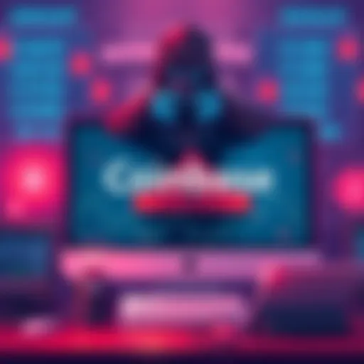 A digital representation of a hacker demanding ransom from Coinbase, featuring a computer screen with a warning message and currency symbols, showing KYC data concerns.