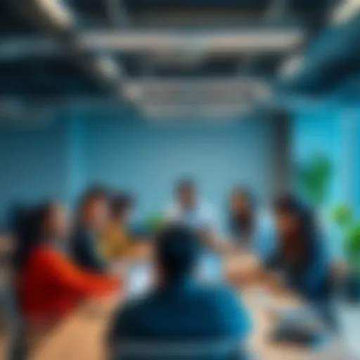 A diverse group of people working together in a modern Coinbase office, highlighting the company's reliance on international talent.