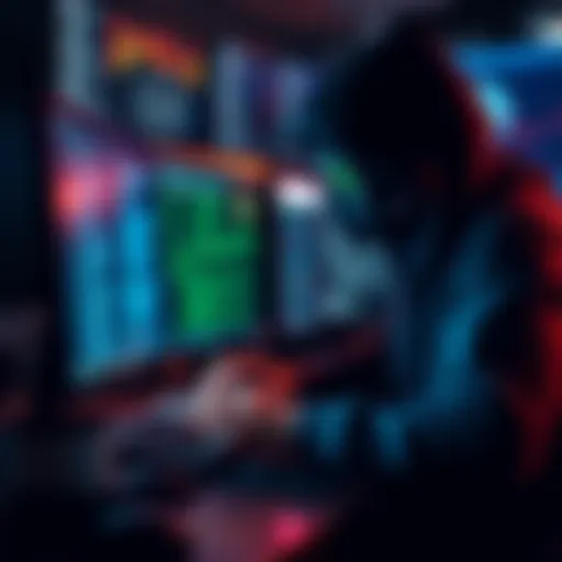 A hacker accessing sensitive Coinbase user data on a computer, highlighting the serious security breach and personal information risk.