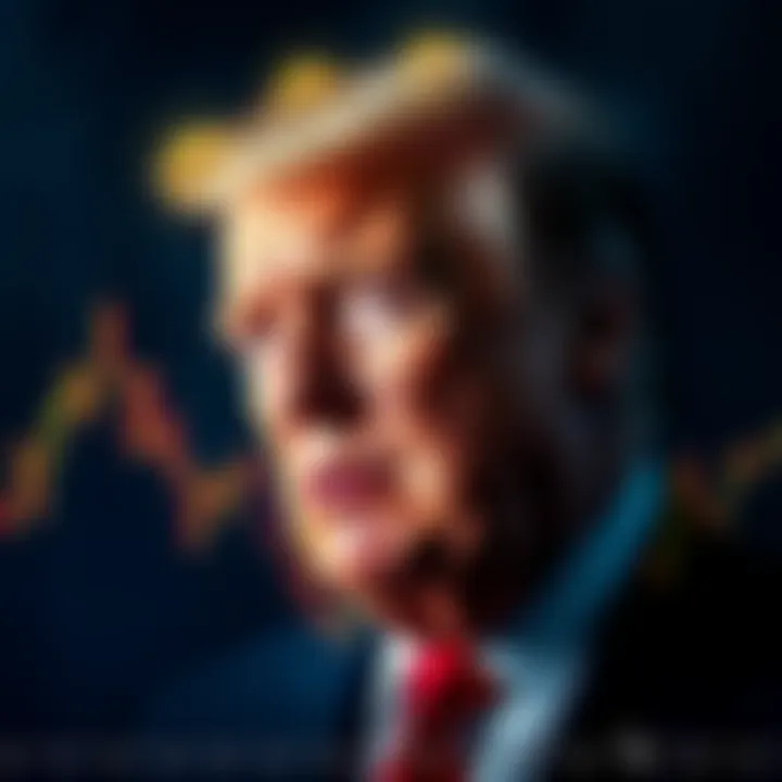 A graph showing Coinbase stock rising alongside a portrait of President Trump with digital asset symbols.