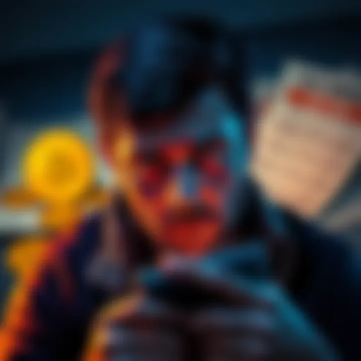 A person looking worriedly at their Bitcoin wallet with tax forms in the background.