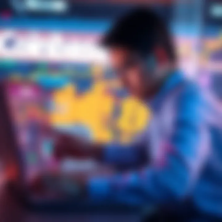 A person analyzing the Coinbase platform on a laptop with currency symbols in the background