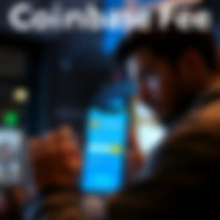 A user looks at a Coinbase app showing a $30 transaction fee on a Bitcoin purchase of $5,000, with concerned expression.