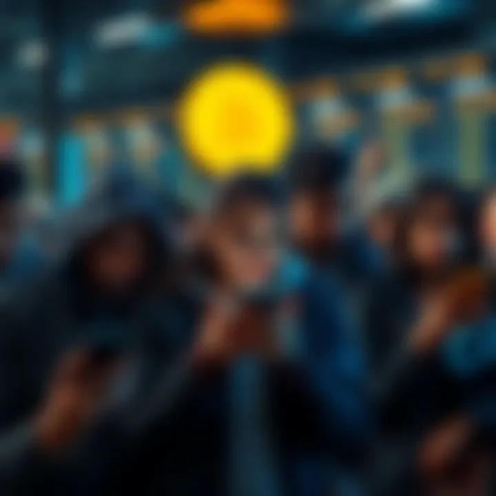 A group of frustrated people looking at their phones, showing delays in Bitcoin transfers during a market downturn