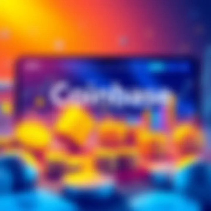 Illustration showing the Coinbase platform with new features and cryptocurrency trading graphics