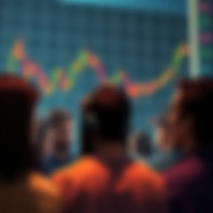 Group of people looking at a falling Bitcoin chart, reflecting on their financial decisions, with somber expressions.