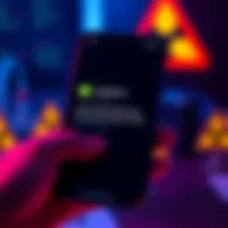 A phone displaying a suspicious text message claiming to be from Coinbase about a withdrawal, with caution symbols in the background.