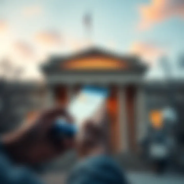 A person using a smartphone to check their Coinbase account while a bank building is in the background, representing funds transfer.
