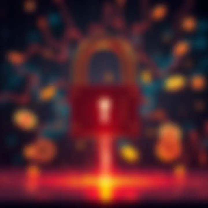 A visual representation of a security breach at CoinDCX with a broken lock and falling cryptocurrency symbols