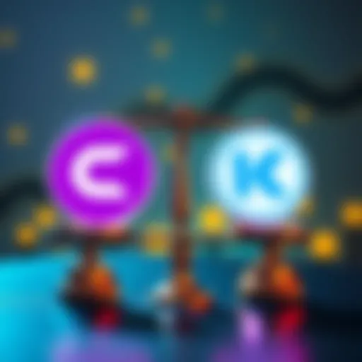 Visual representation of Coinledger and Koinly logos with a balance scale to show comparison