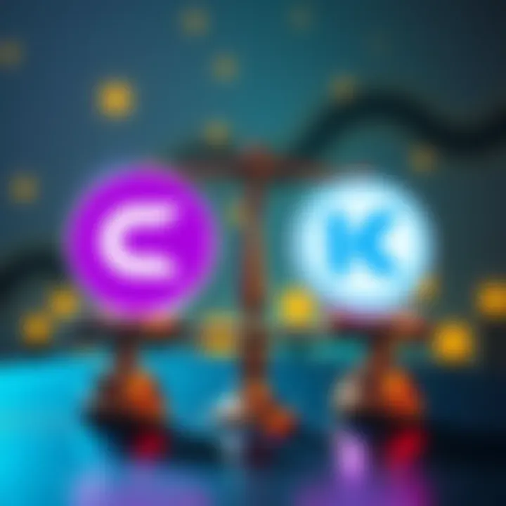 Visual representation of Coinledger and Koinly logos with a balance scale to show comparison