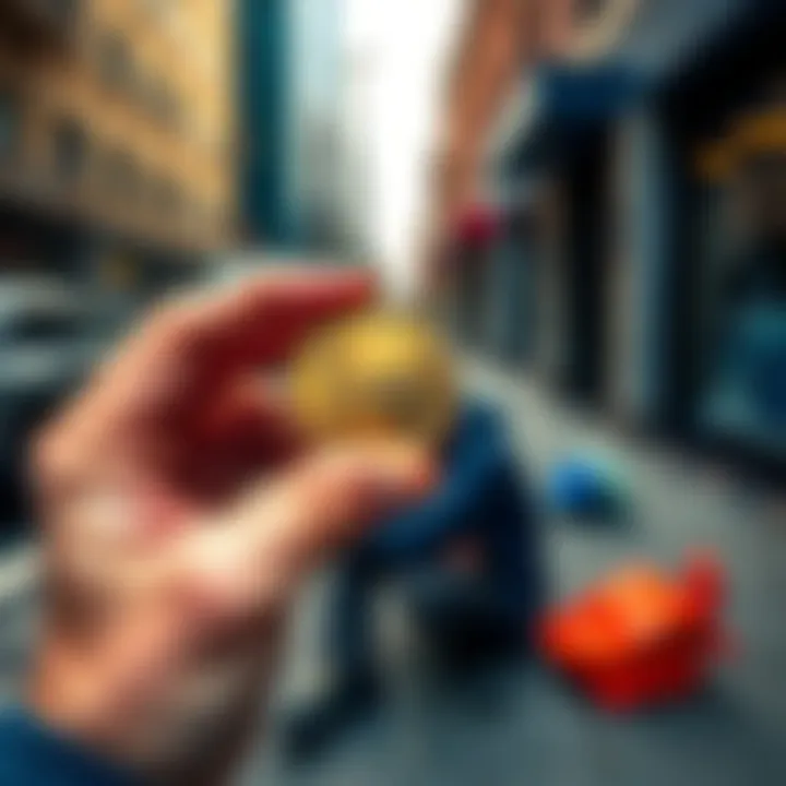 A hand holding a shiny coin with a homeless person sitting on the sidewalk asking for help.