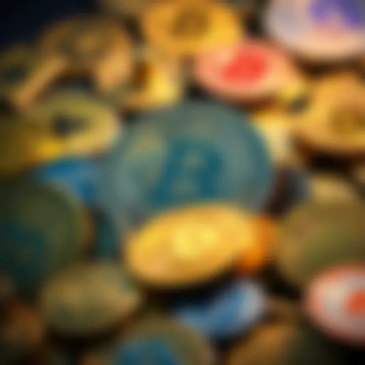 Various cryptocurrency coins with a Bitcoin symbol in the background, representing competition in the upcoming crypto bull run.