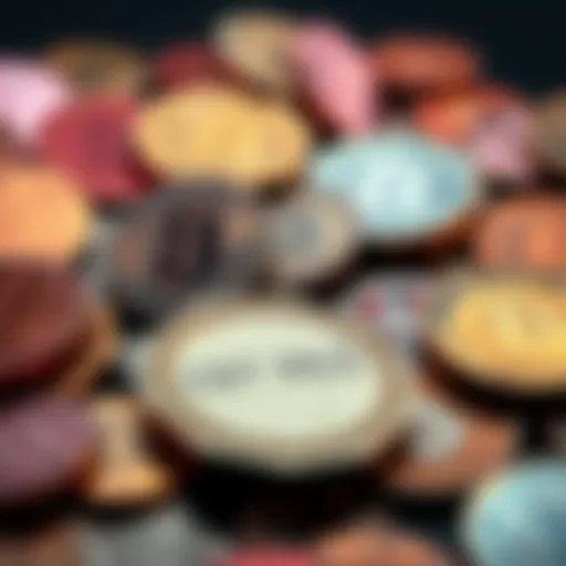 A collection of various coins showing declining values, alongside a chart indicating recent price drops, highlighting concerns in the market.