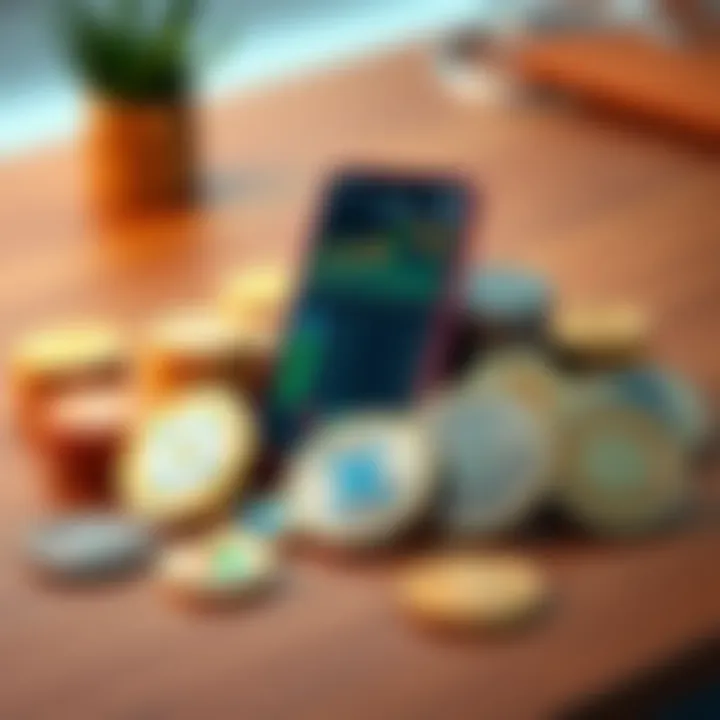 Various cryptocurrency coins including XRP, XLM, LINK, HBAR, and SOL arranged on a wooden table with a smartphone showing market trends in the background.