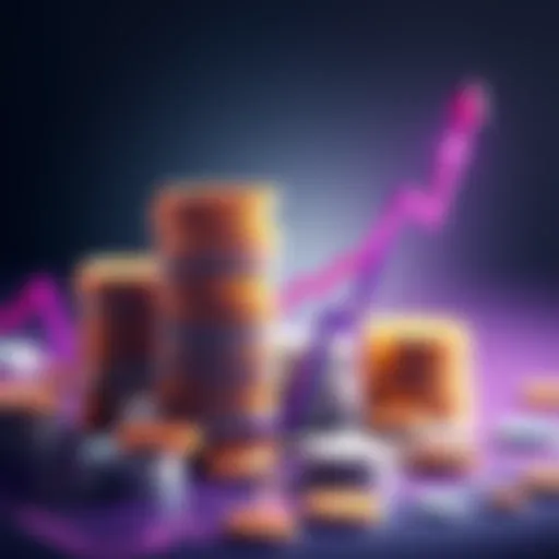 Illustration showing a stack of coins with a graph trending upwards, indicating the peak supply cap in April 2028.