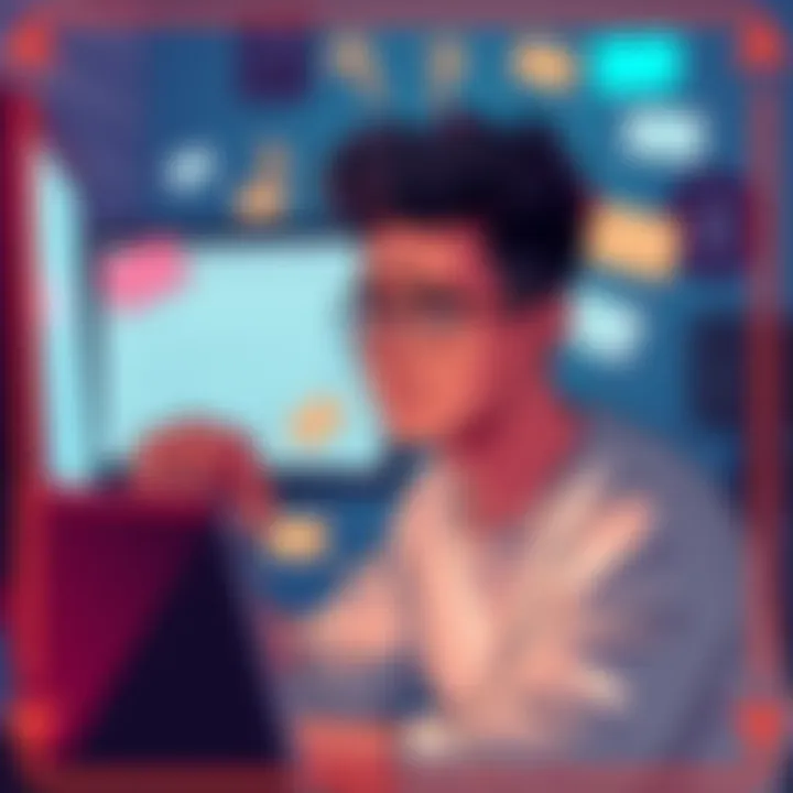 A visual representation of cryptocurrency emails and alerts featuring a confused individual looking at a computer screen, with illustrative envelopes and digital symbols around them.