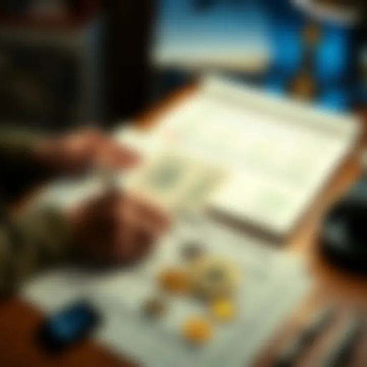 A person organizing tax documents and cryptocurrency transaction records on a table