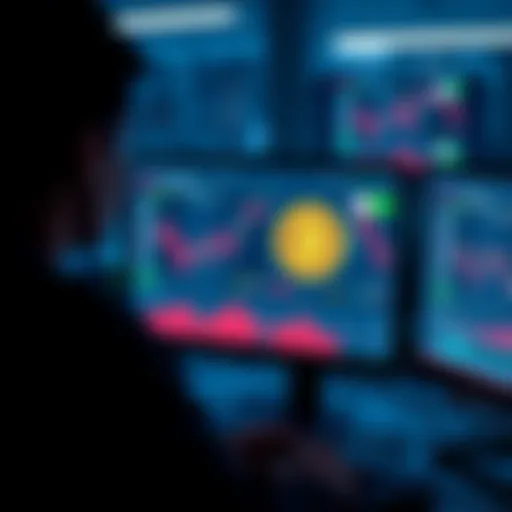 A user looking at a computer screen displaying Coinsquare, a Canadian crypto exchange, with Bitcoin graphics visible on the screen.