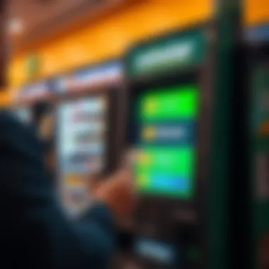 Coinstar kiosk displaying Bitcoin purchase option A person using a Coinstar kiosk to buy Bitcoin, with cash and the screen showing instructions, surrounded by a convenience store setting