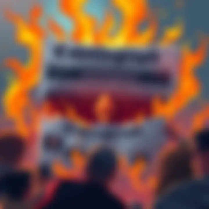 A digital illustration showing a newspaper with the Cointelegraph logo surrounded by flames and unhappy crypto enthusiasts voicing their anger