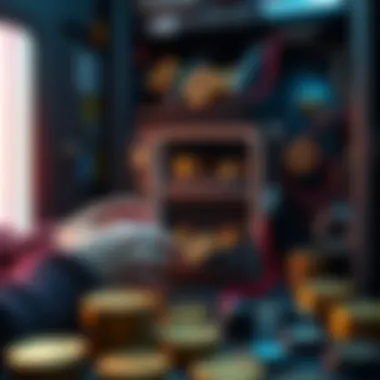 Person organizing cryptocurrency in a cold storage wallet with digital assets around them