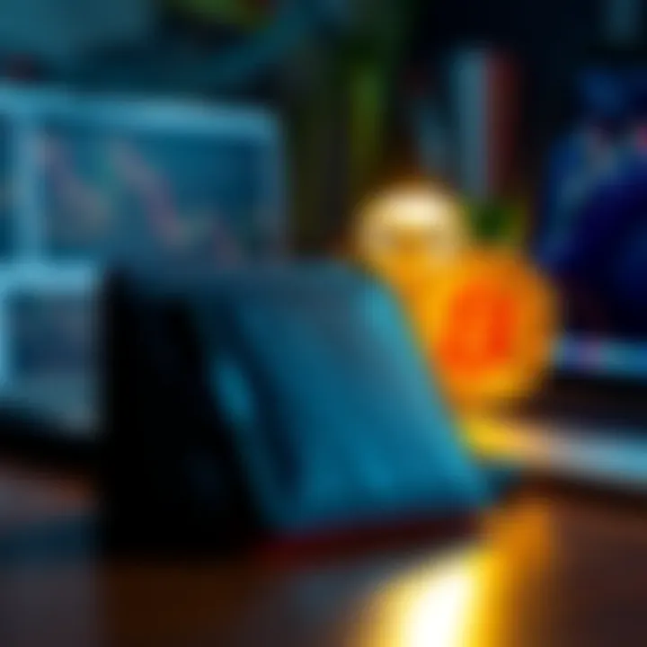 A cold wallet for Bitcoin sitting on a desk next to a laptop and a Bitcoin symbol