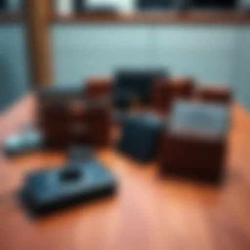 A collection of different cold wallets, including hardware devices and paper wallets, positioned on a wooden table.